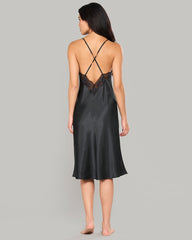 LA SENZA MID-LENGTH SATIN SLIP WITH LACE TRIM BLACK / S