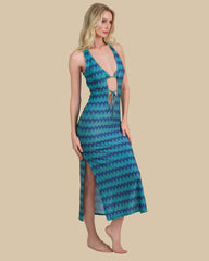 Isla & Evie Metallic Zig Zag Print Front Tie Midi Dress