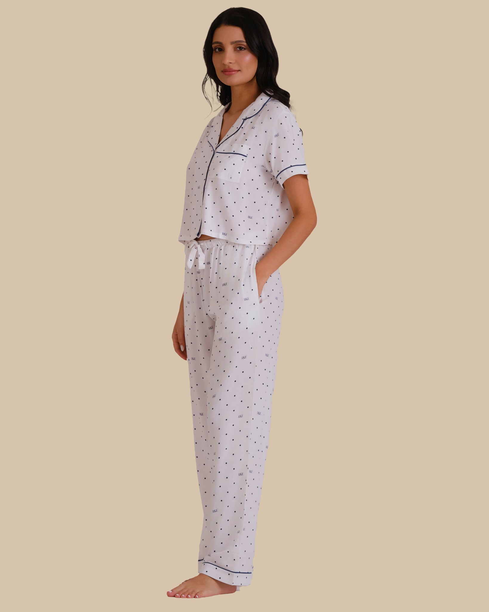 WOMEN'S SHORT SLEEVE PAJAMA SET POLKA DOT - WHITE-LSI / S