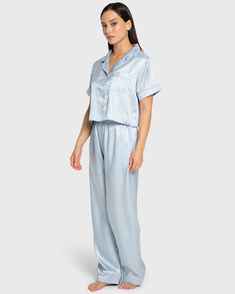 Isla & Evie Blue Stripe Satin Pajama Set Blue Stripe / S