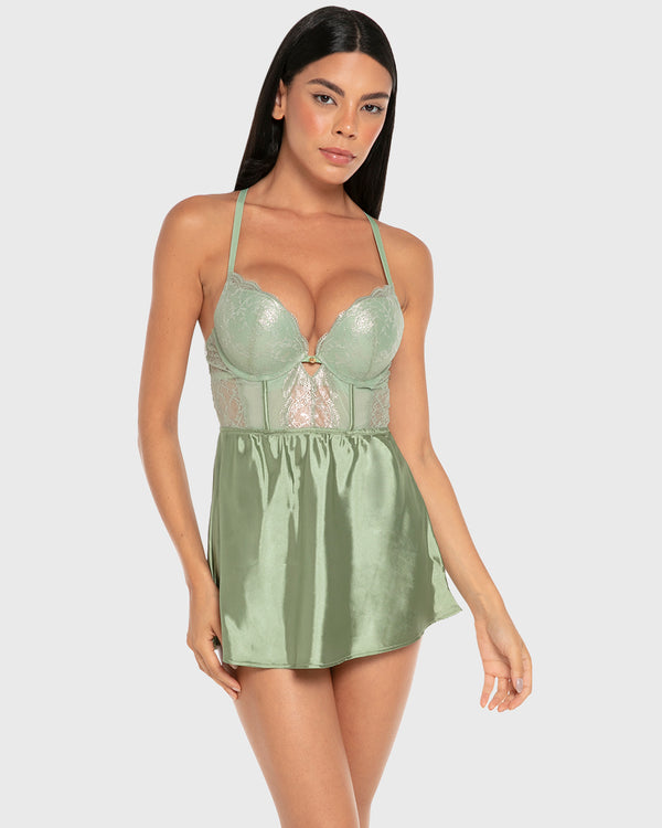 Isla & Evie Satin Wired Cupped Babydoll Sage / S