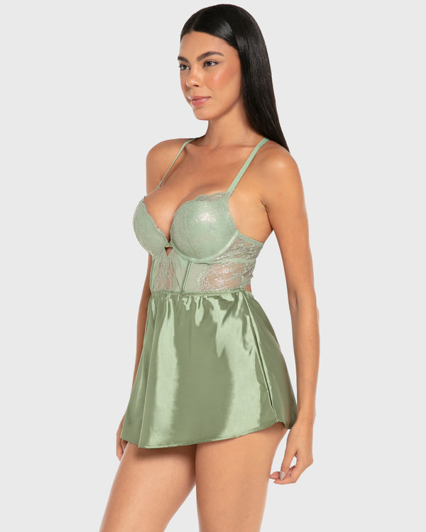 Isla & Evie Satin Wired Cupped Babydoll Sage / S