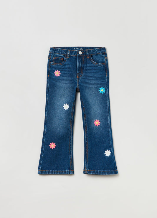 Ovs Kids Girl Flare-Fit Jeans With Embroidered Daisies