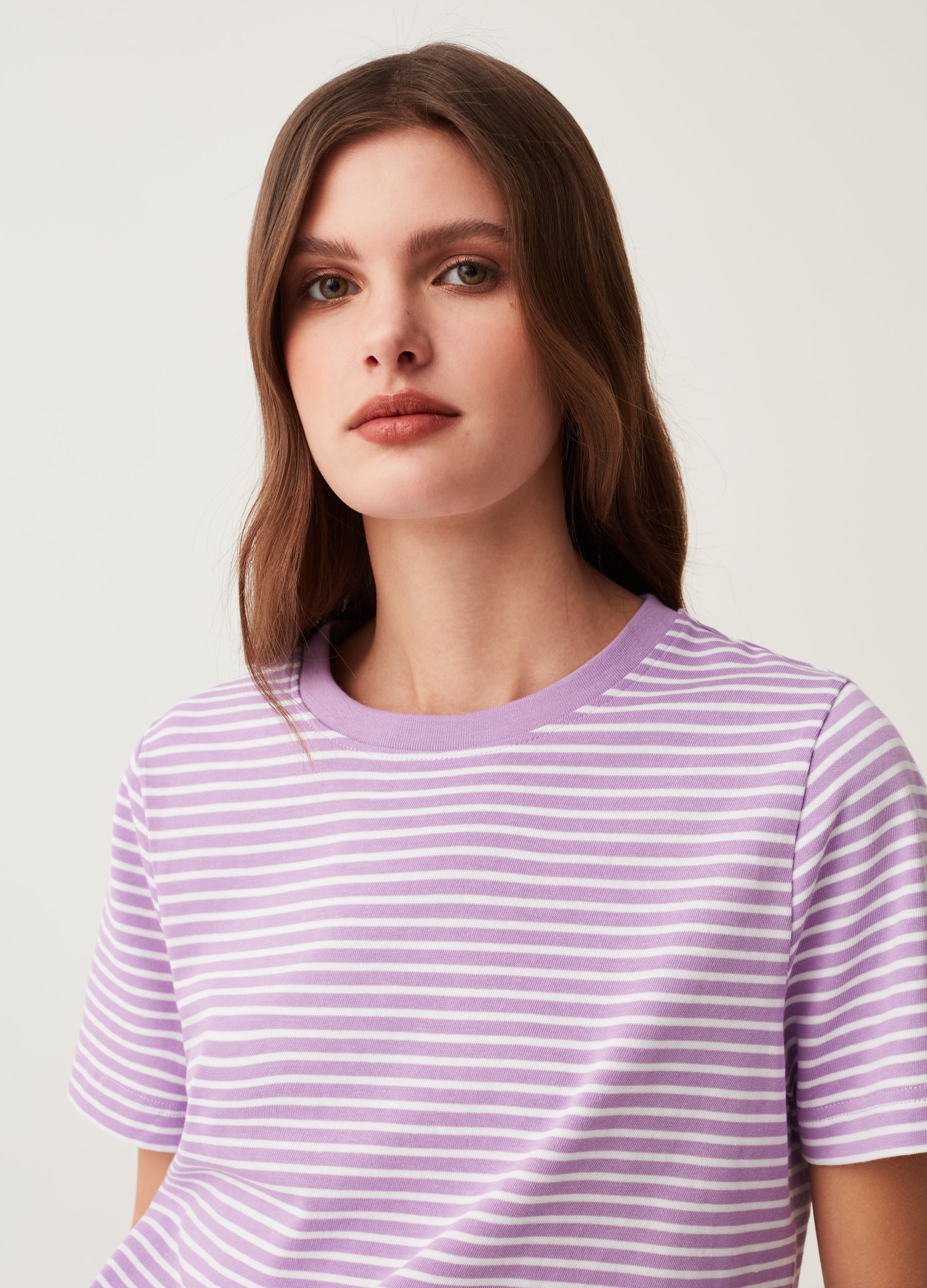 Fitness T-Shirt With Round Neck In Striped Cotton