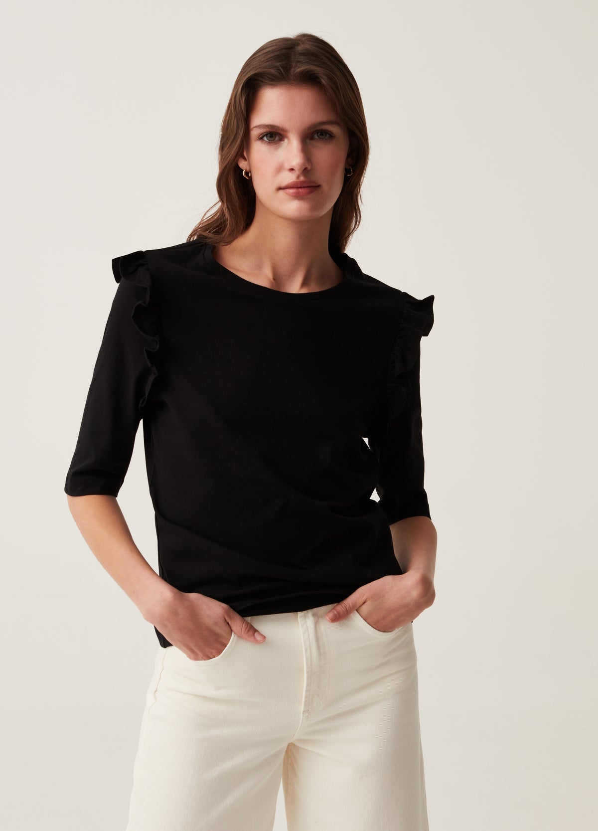 T-Shirt With Elbow-Length Sleeves And Frill