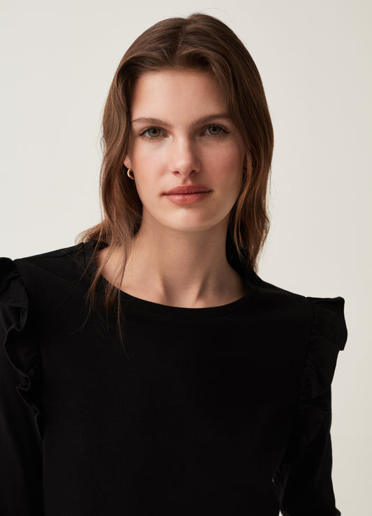 T-Shirt With Elbow-Length Sleeves And Frill