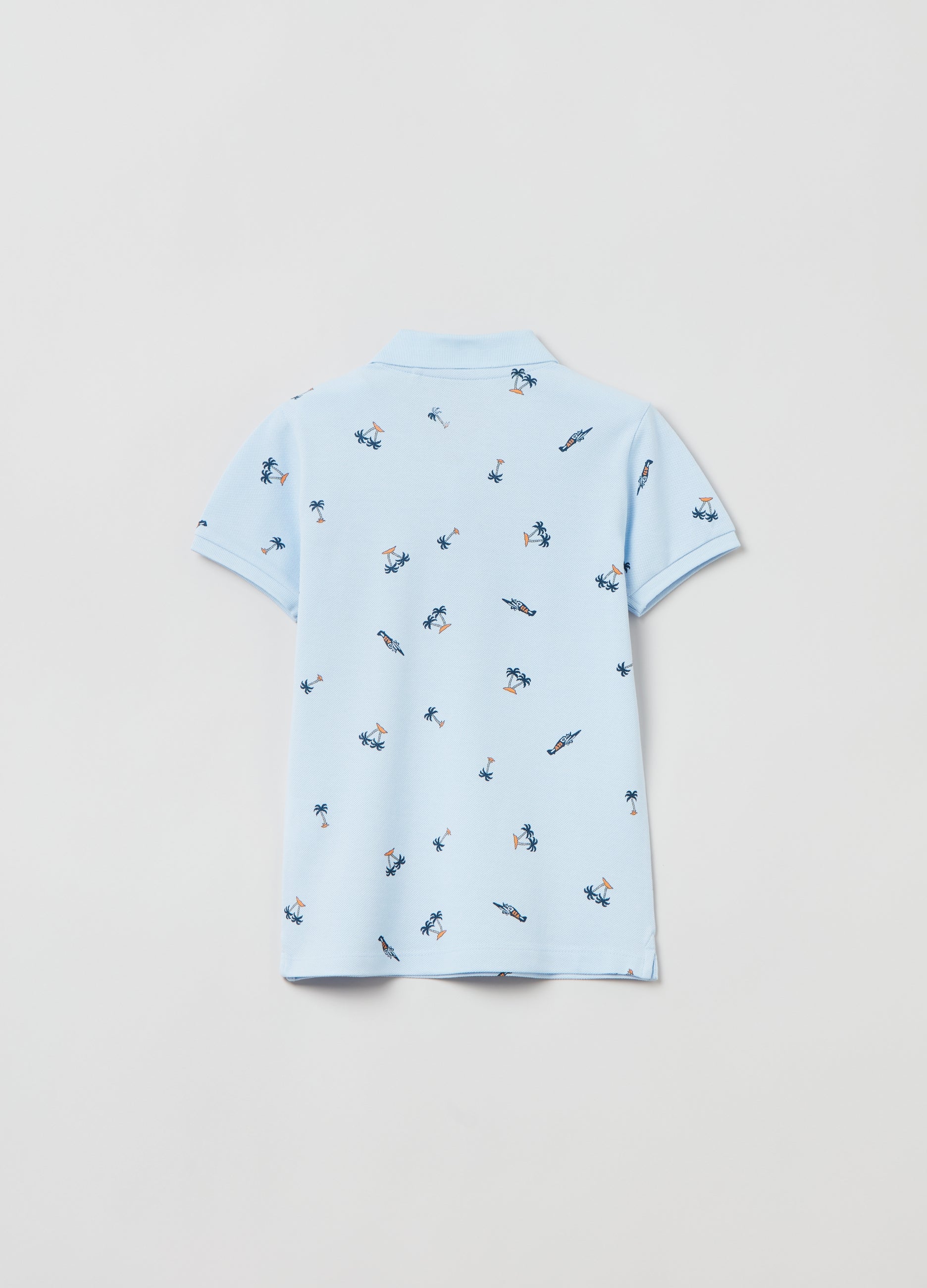 Ovs Piquet Polo Shirt With Palms And Aeroplanes Print