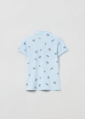 Ovs Piquet Polo Shirt With Palms And Aeroplanes Print