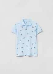 Ovs Piquet Polo Shirt With Palms And Aeroplanes Print