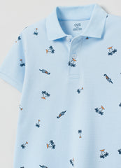 Ovs Piquet Polo Shirt With Palms And Aeroplanes Print