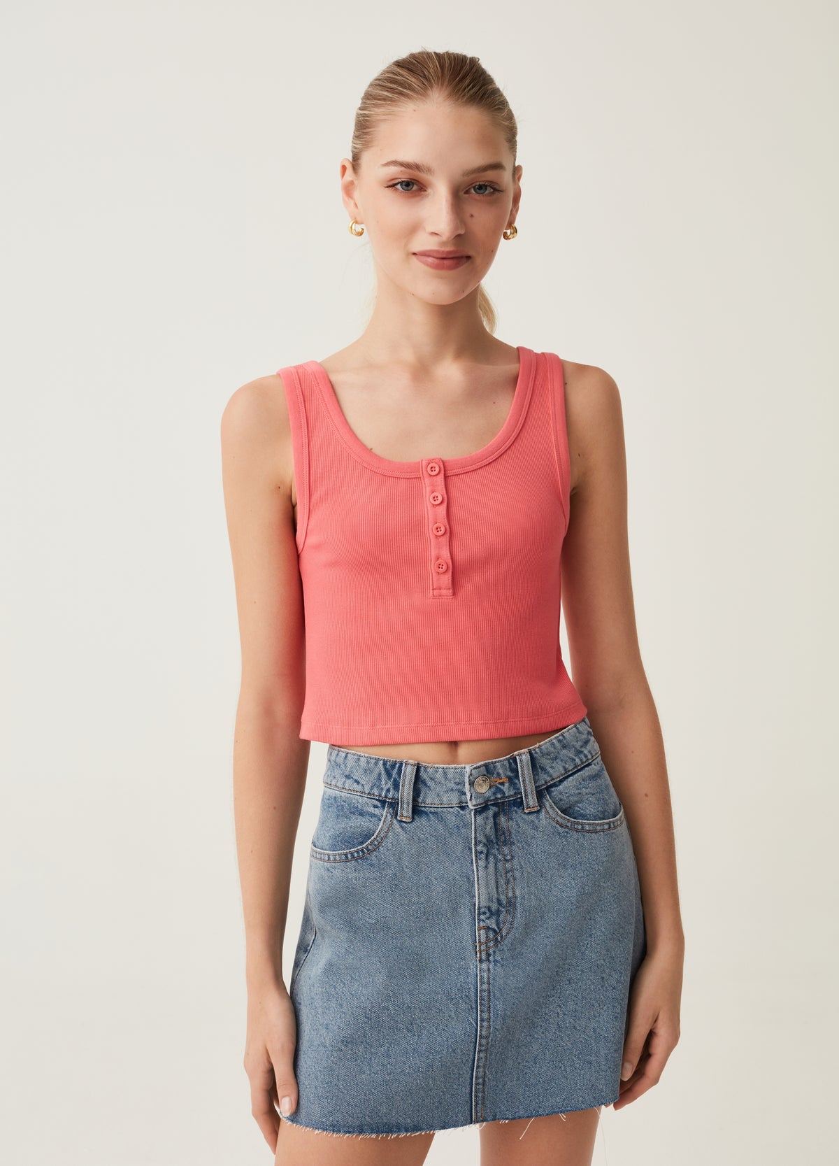 Ovs Ribbed Crop Top With Granddad Neckline