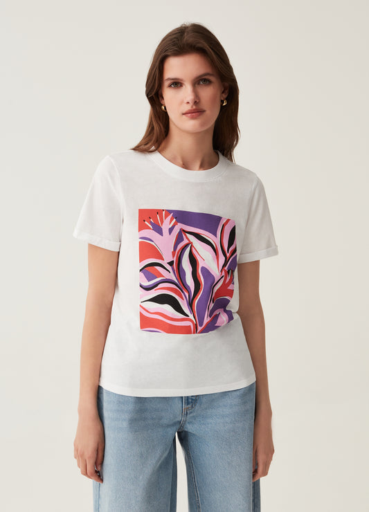 T-Shirt In Cotton With Foliage Print