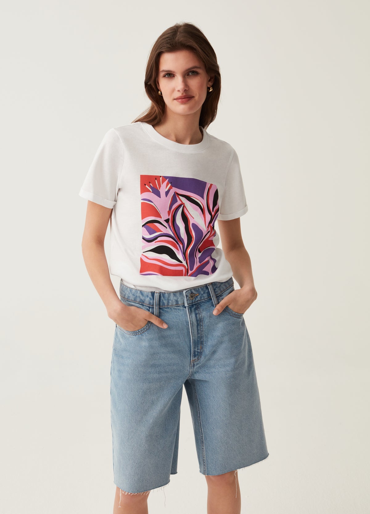 T-Shirt In Cotton With Foliage Print
