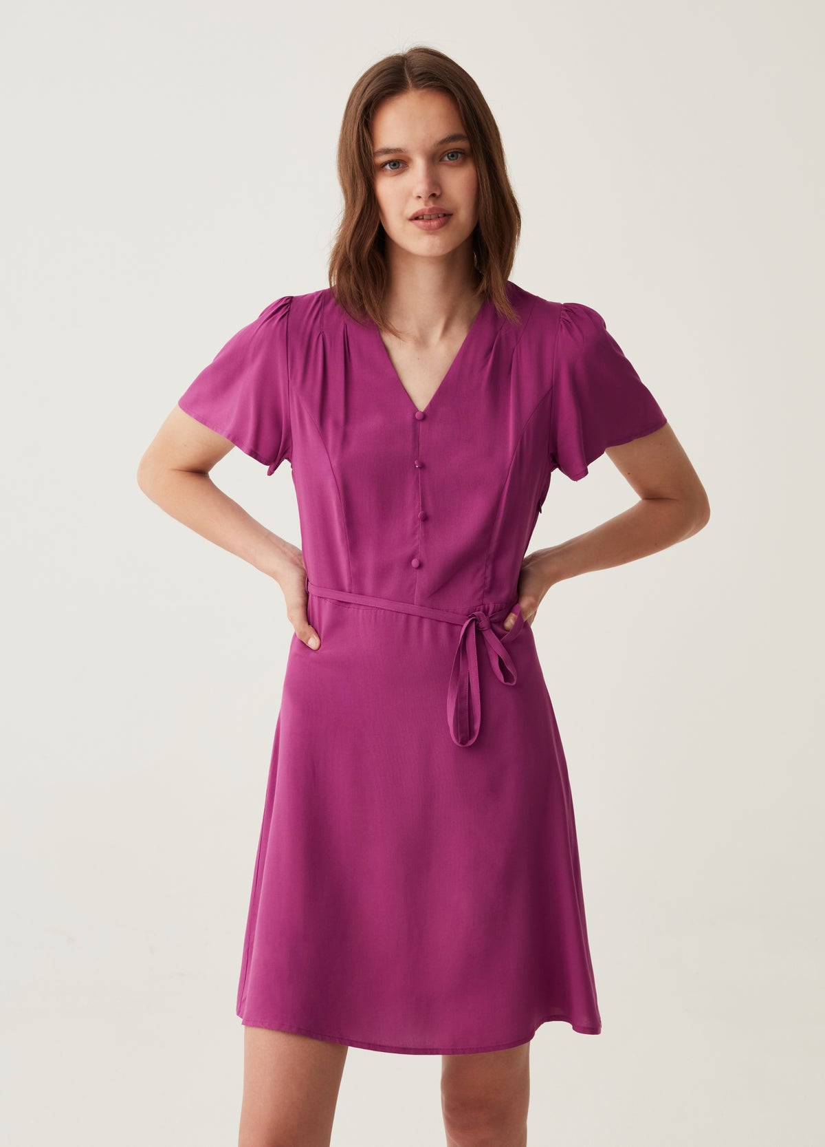Ovs Short Dress In Viscose With V Neck