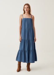 Ovs Long Tiered Dress With Denim Effect