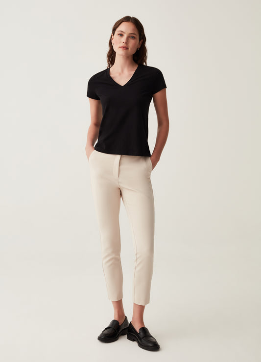 Stretch Cotton T-Shirt With V Neck