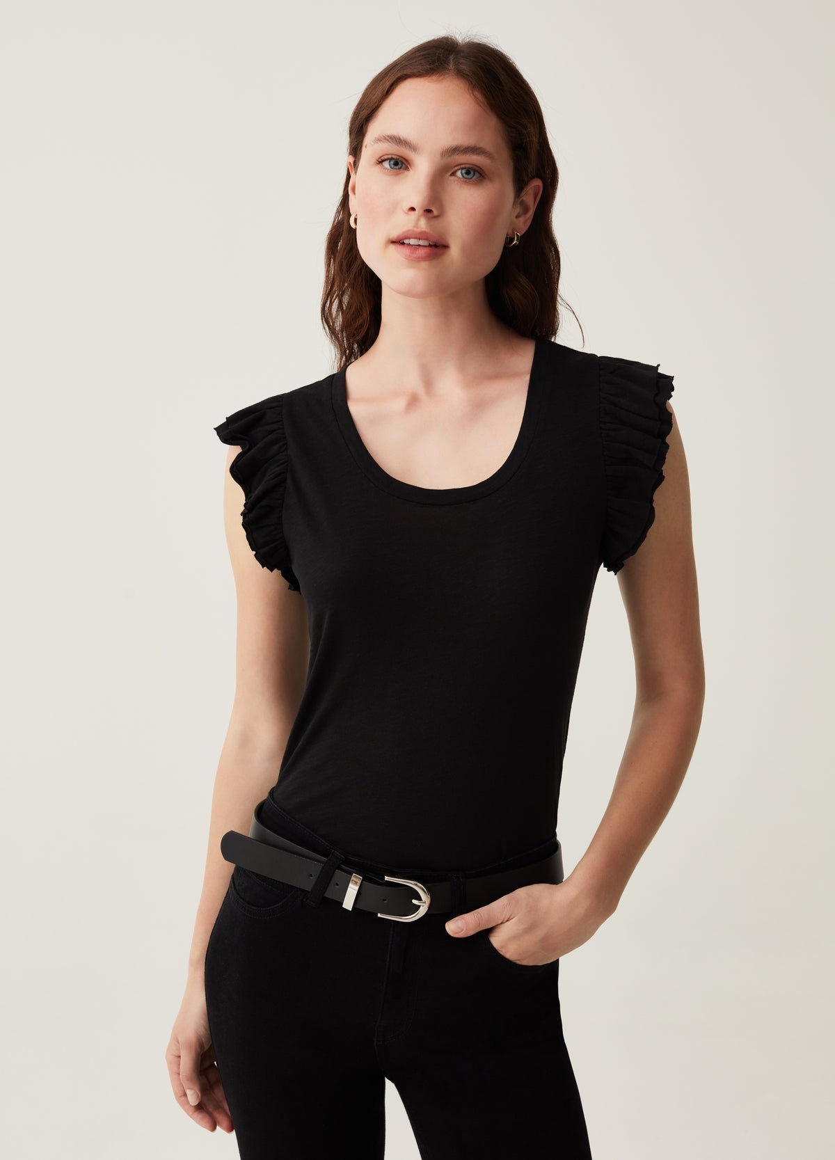 Tank Top In Slub Cotton With Flounce