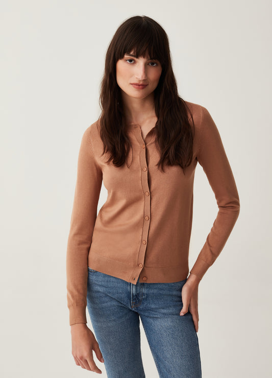 Solid Colour Cardigan With Round Neck