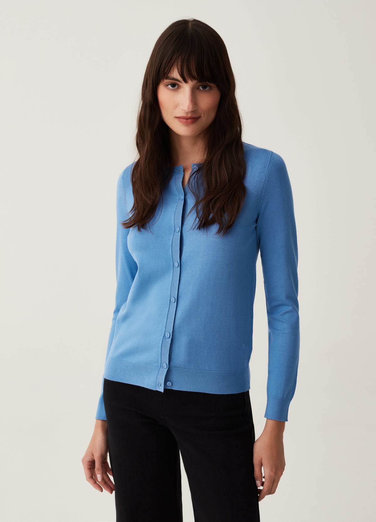 Solid Colour Cardigan With Round Neck