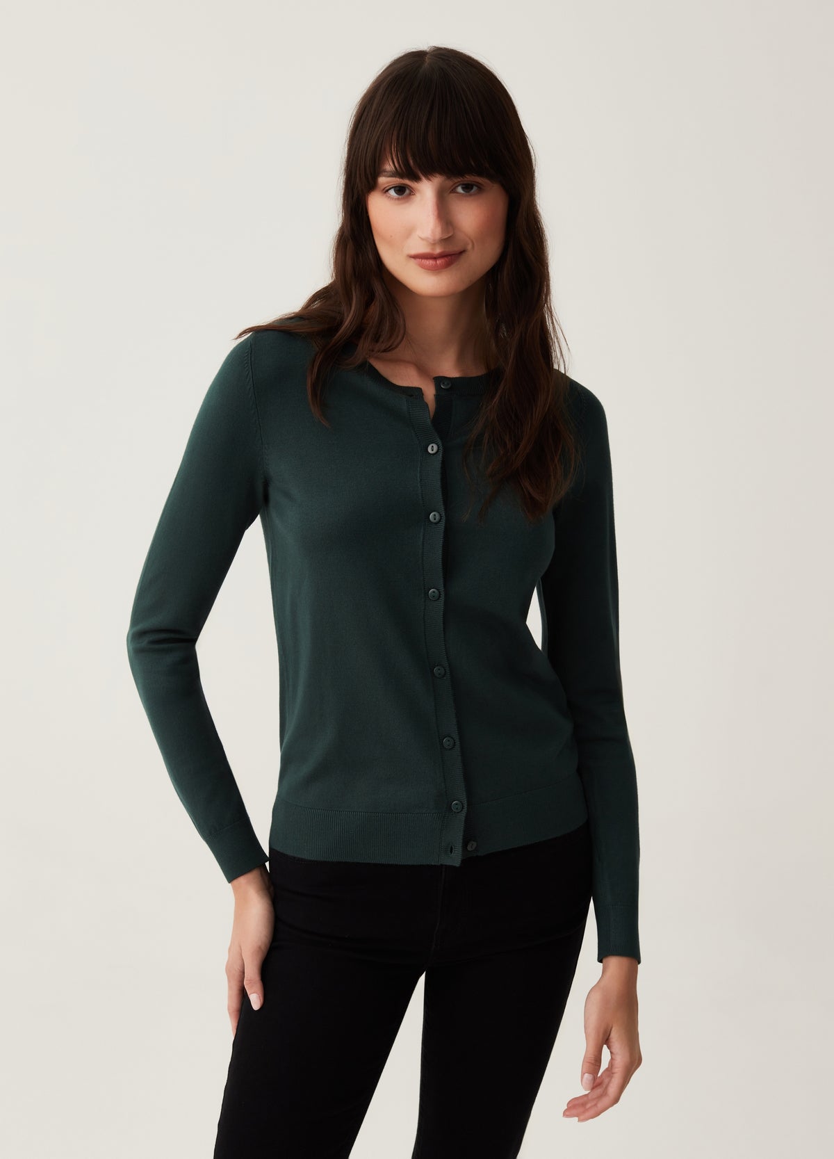 Solid Colour Cardigan With Round Neck
