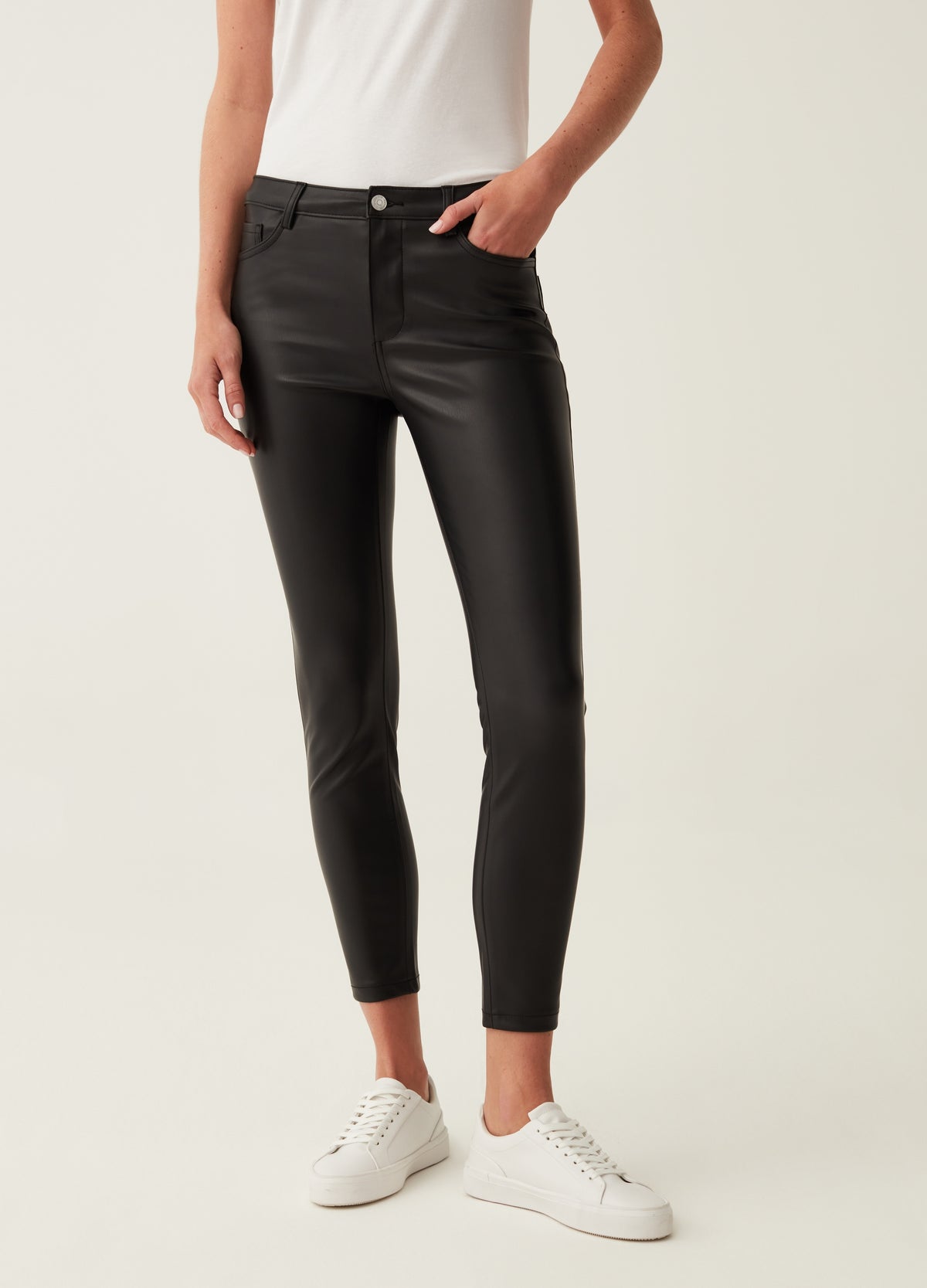 Cropped Skinny-Fit Shiny-Effect Trousers