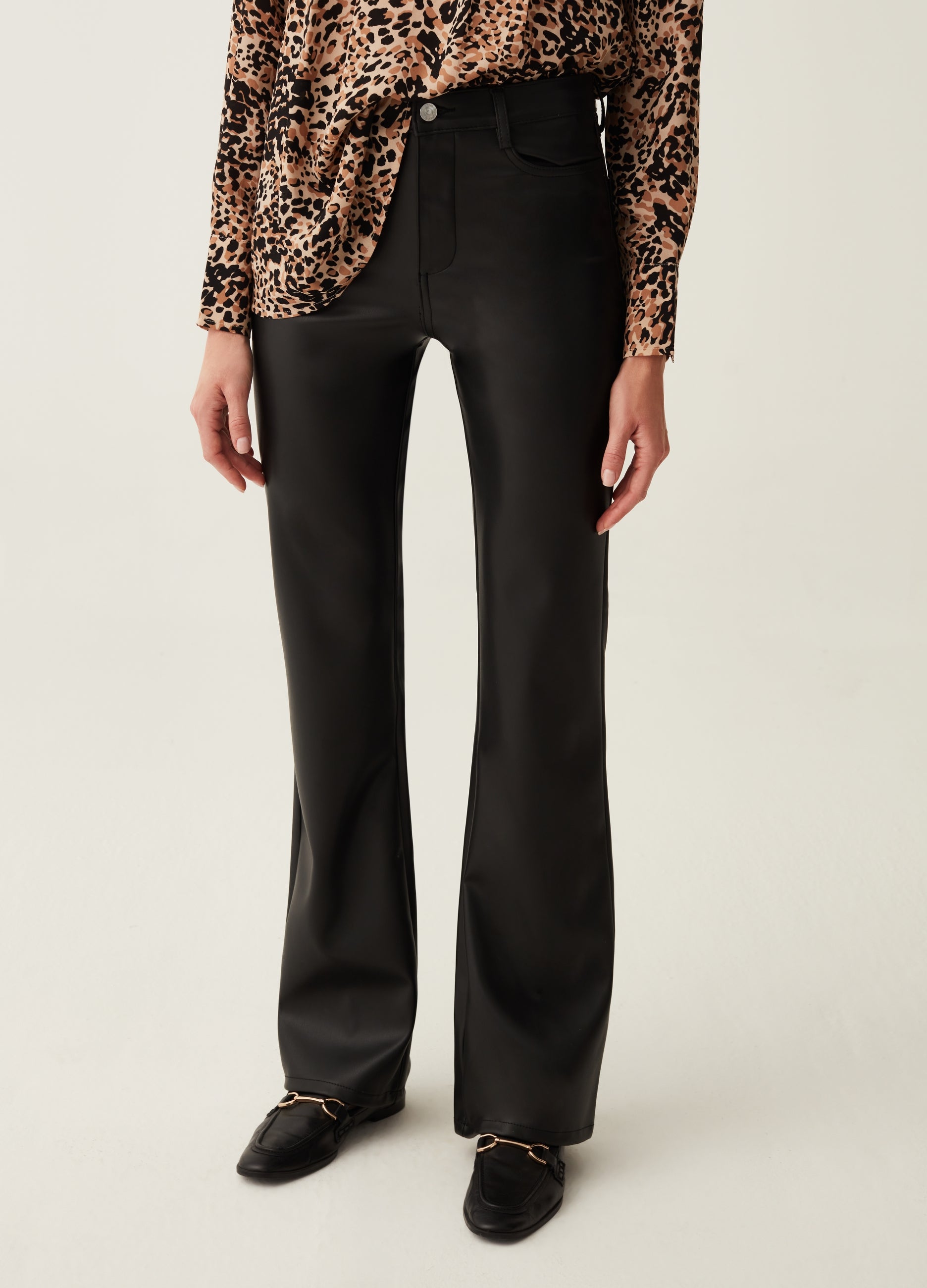 Glossy-Effect Bootcut-Fit Trousers