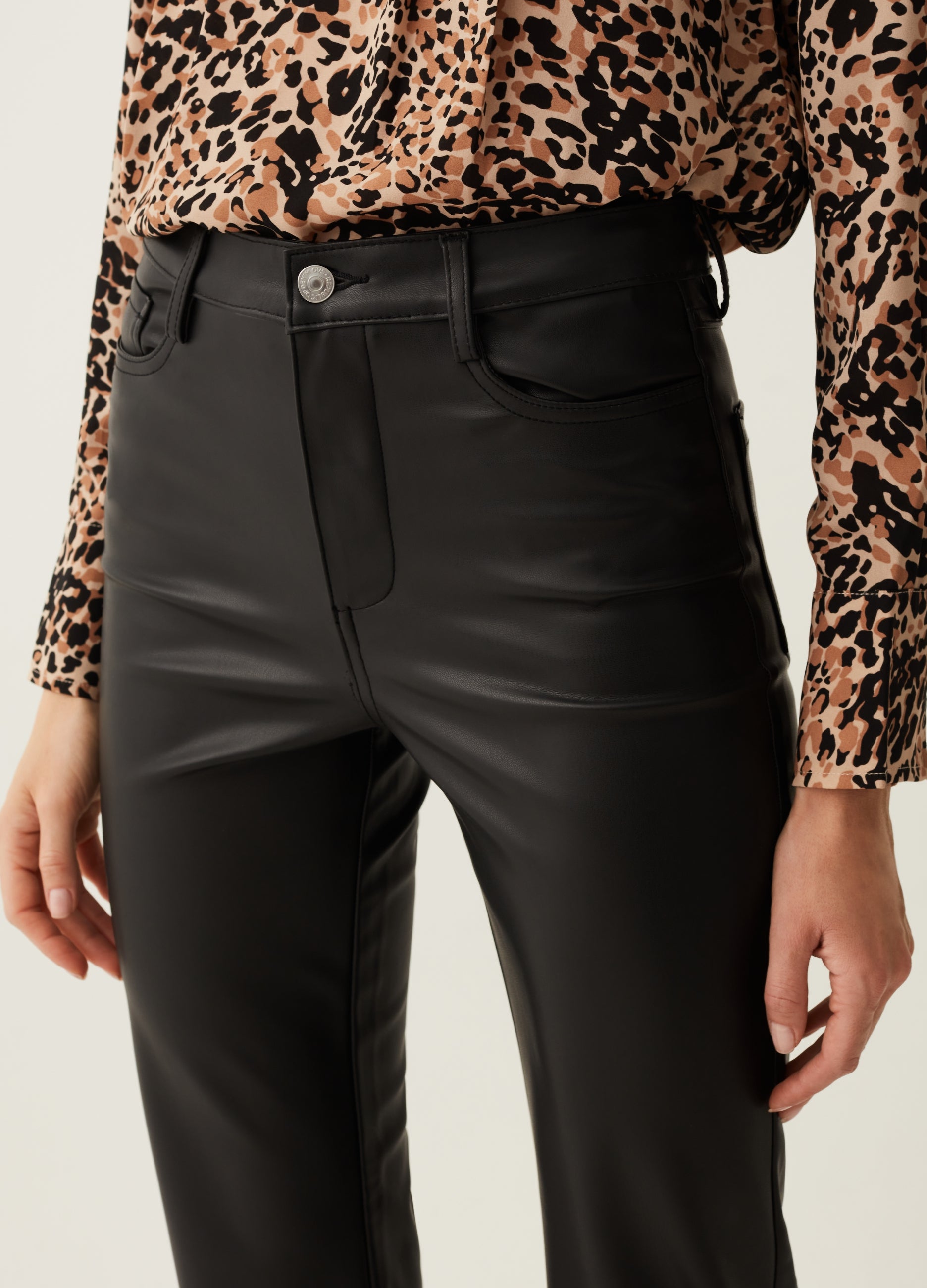 Glossy-Effect Bootcut-Fit Trousers