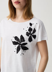 Cotton T-Shirt With Flowers Embroidery