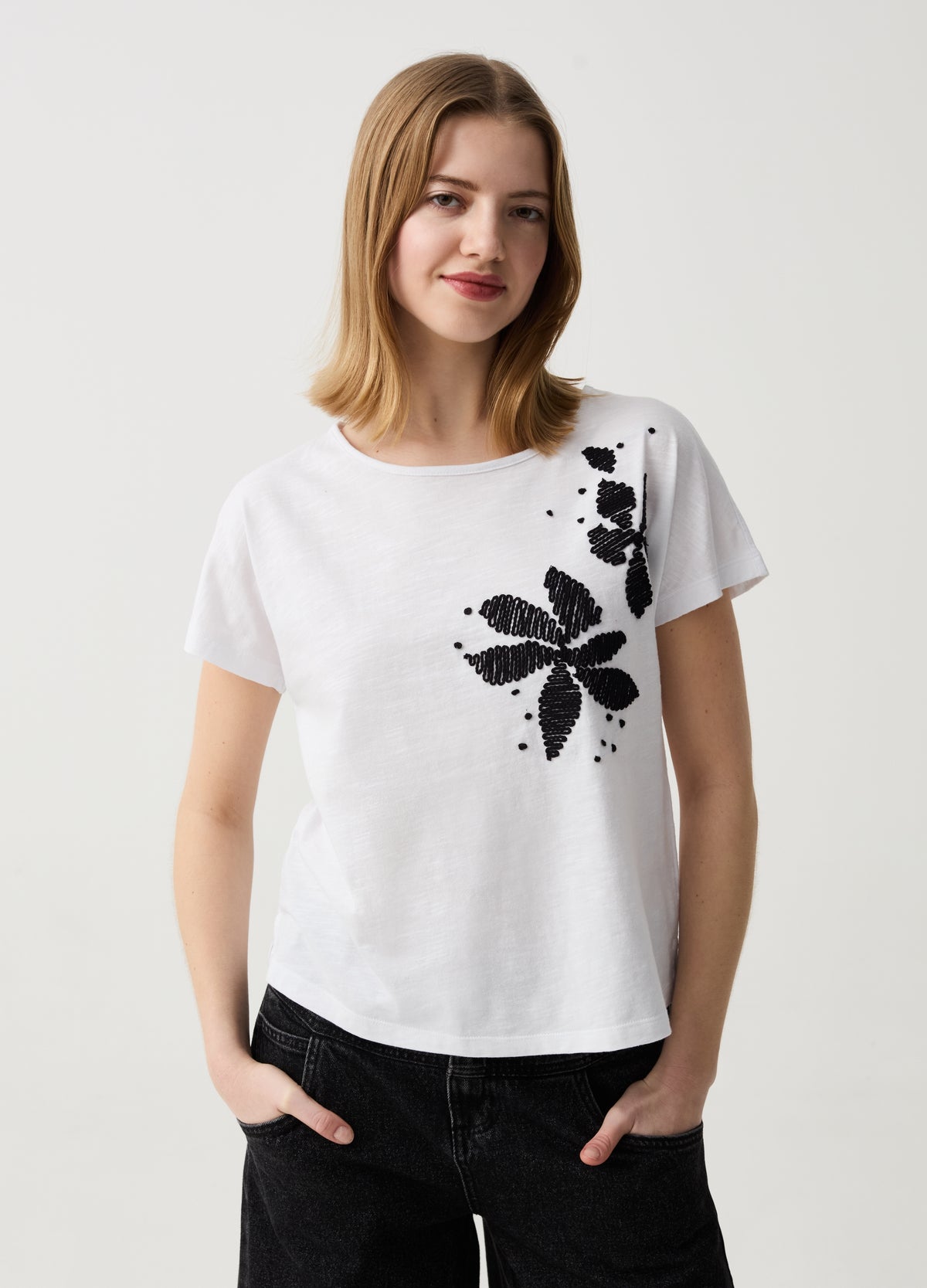 Cotton T-Shirt With Flowers Embroidery