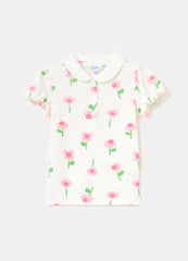 Piquet Polo Shirt With Flowers Print