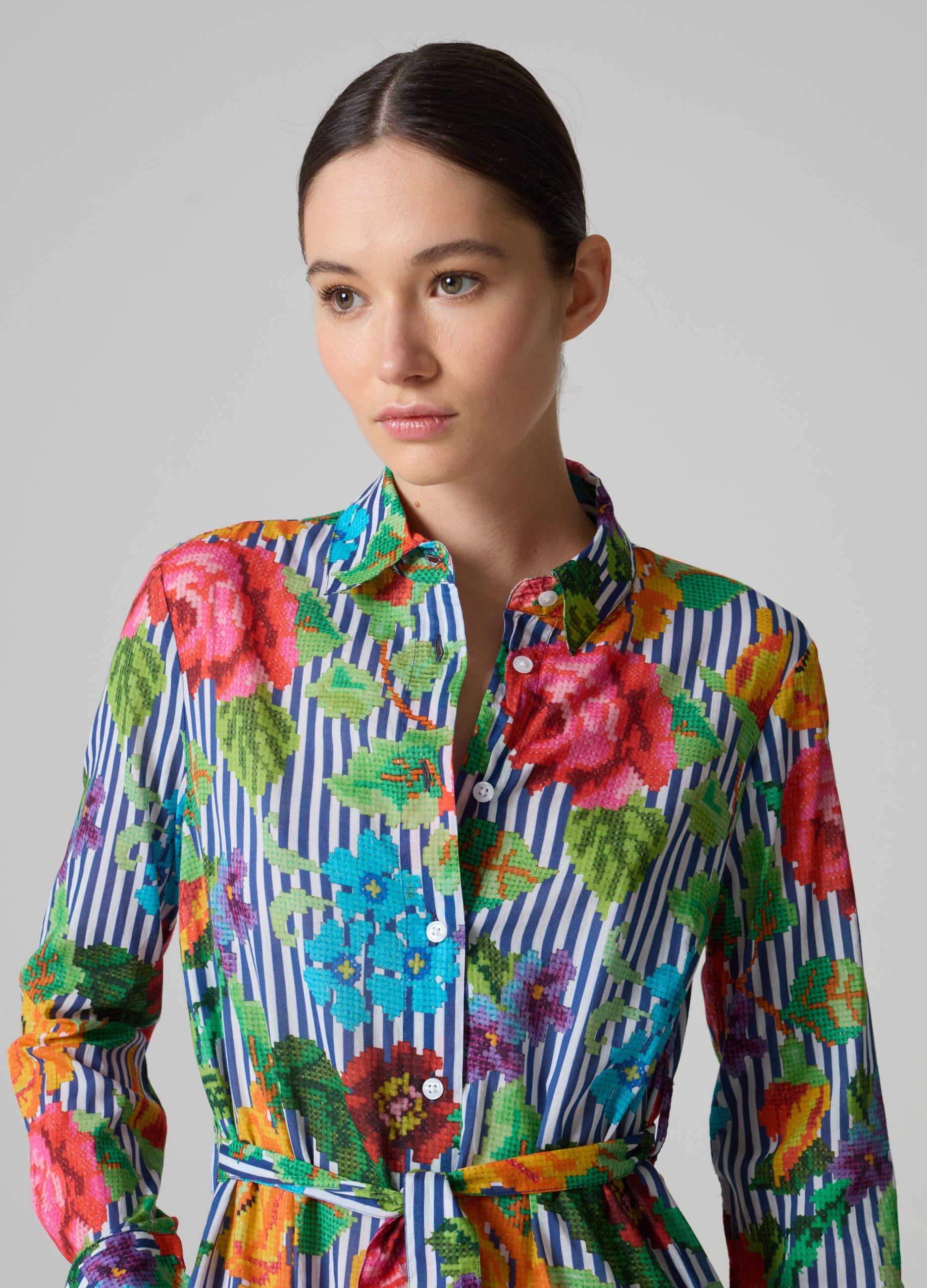 Striped Shirt Dress With Flowers Design