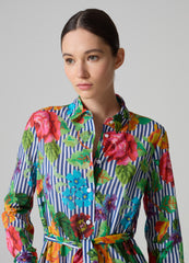 Striped Shirt Dress With Flowers Design