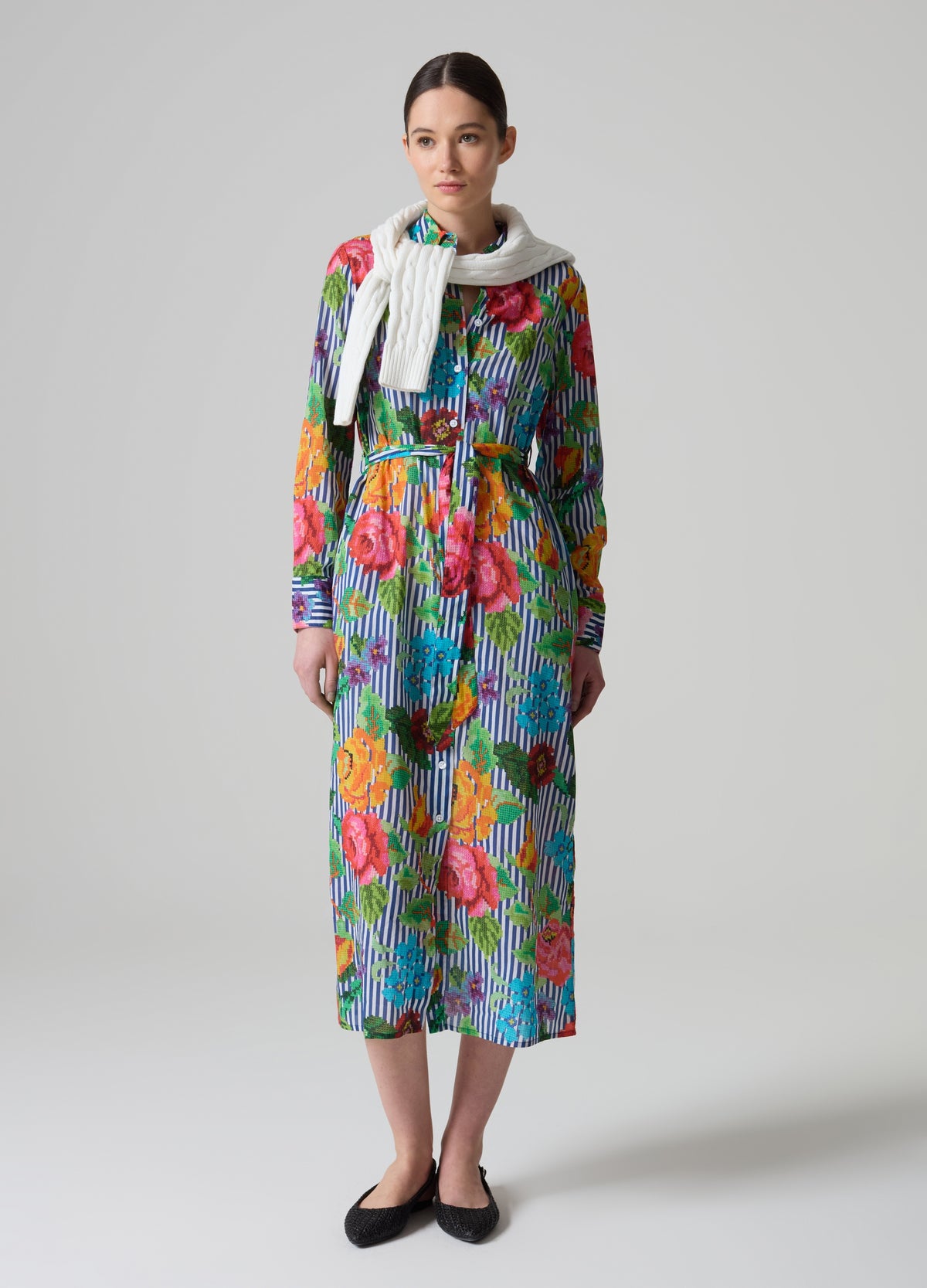 Striped Shirt Dress With Flowers Design