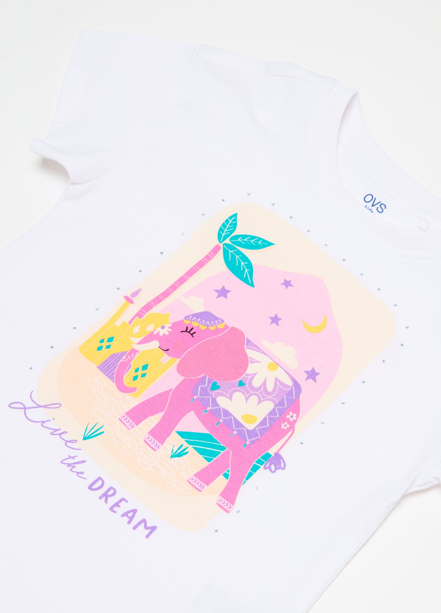 Ovs Printed Diamanté T-Shirt In Cotton