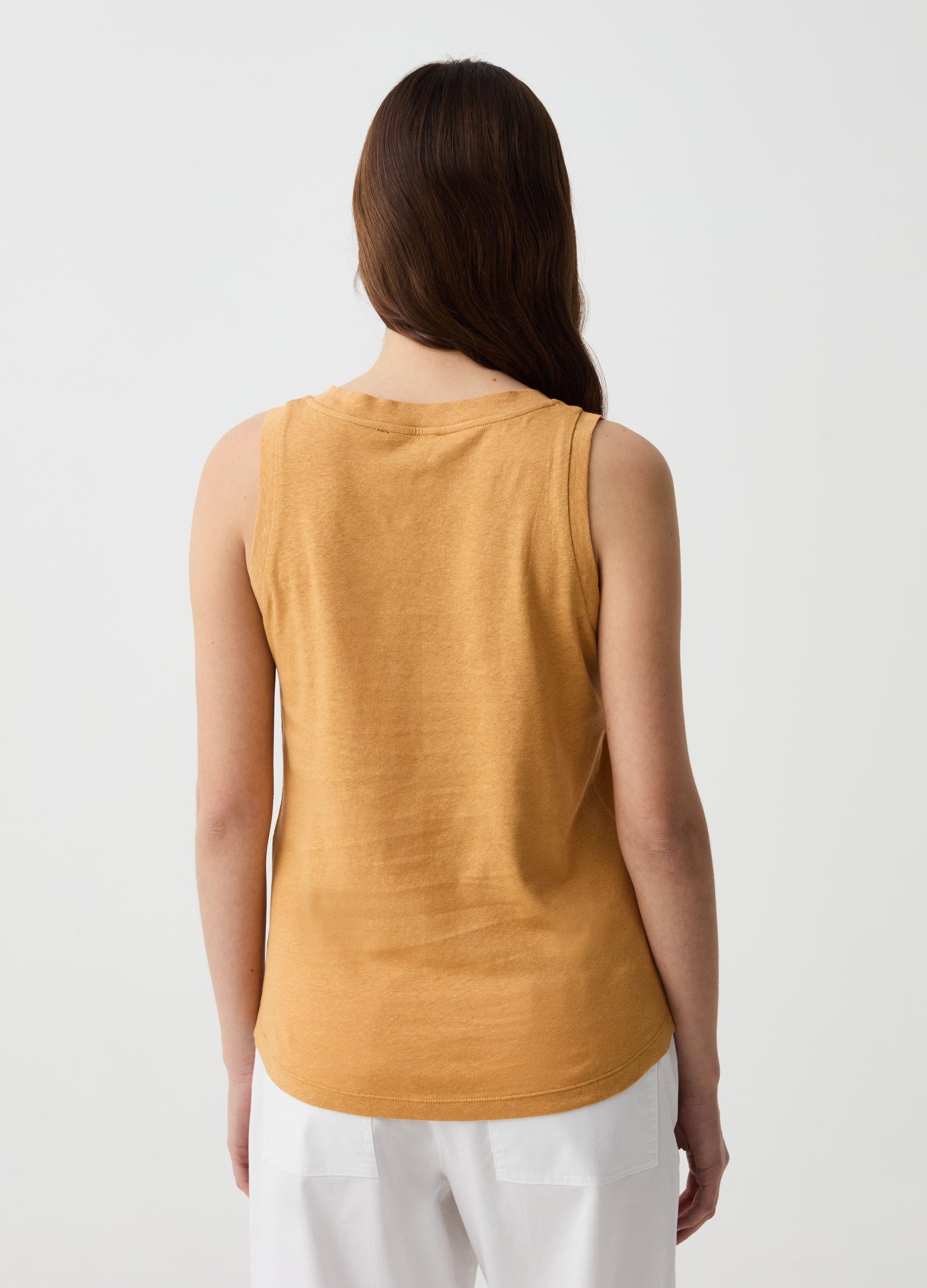 OVS Cotton And Linen Tank Top With Round Neck