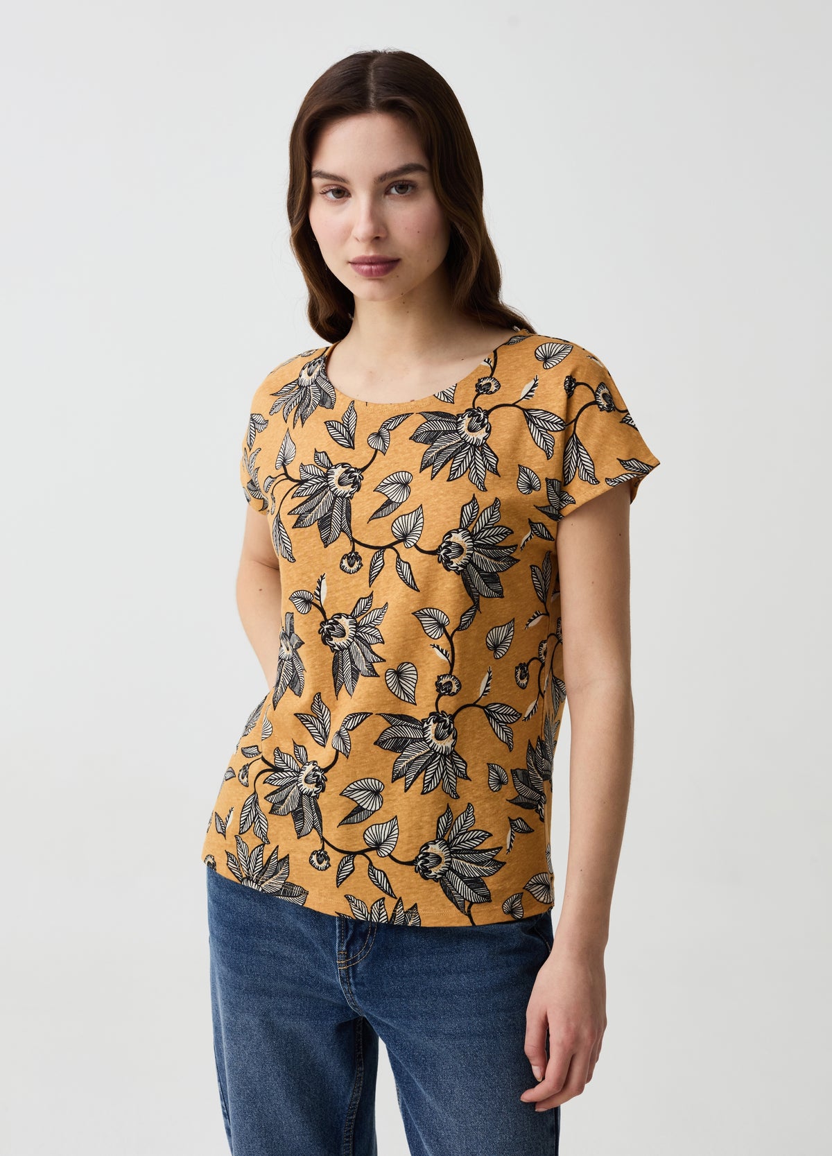 OVS Cotton And Linen T-Shirt With Floral Print