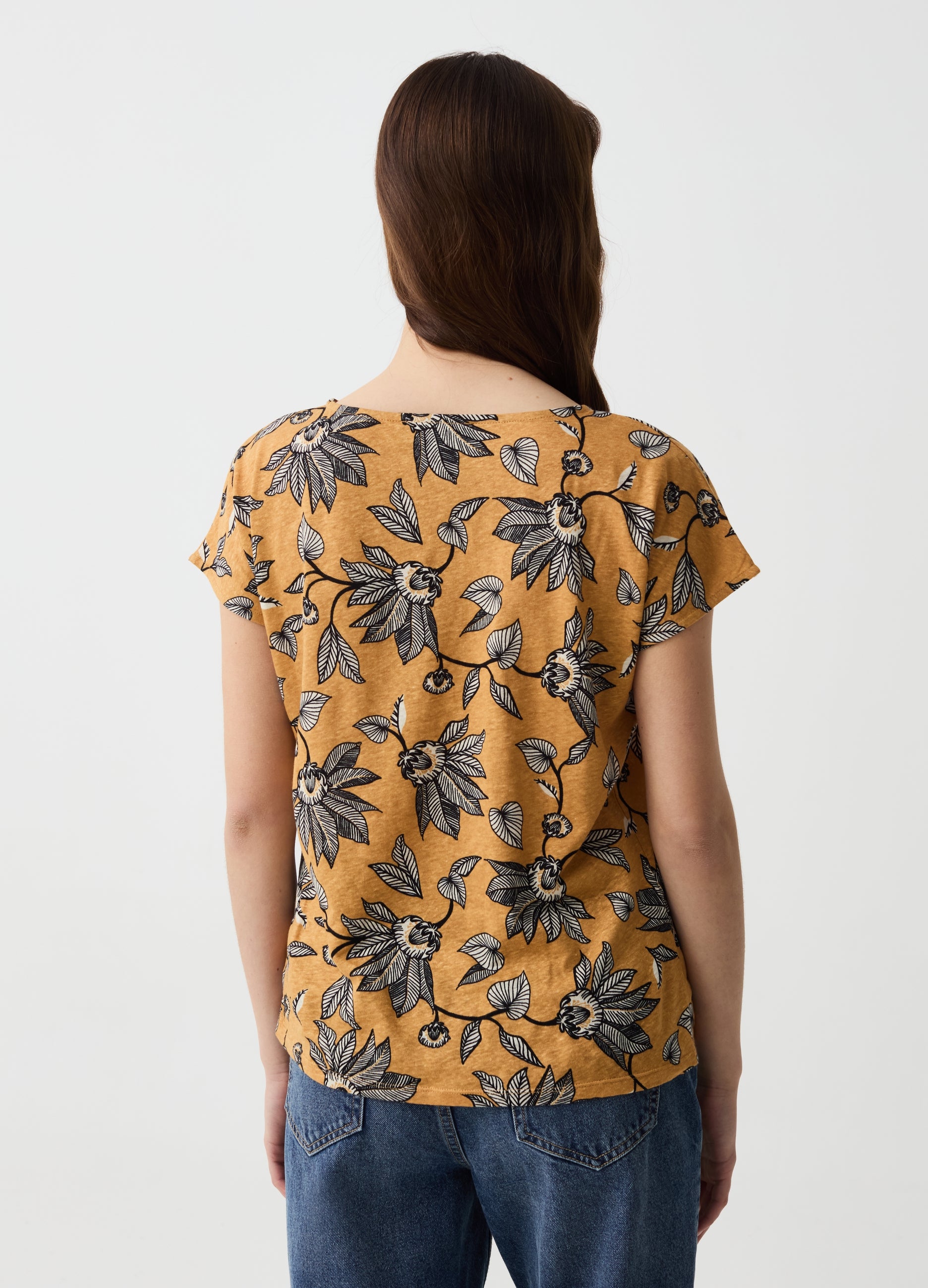 OVS Cotton And Linen T-Shirt With Floral Print