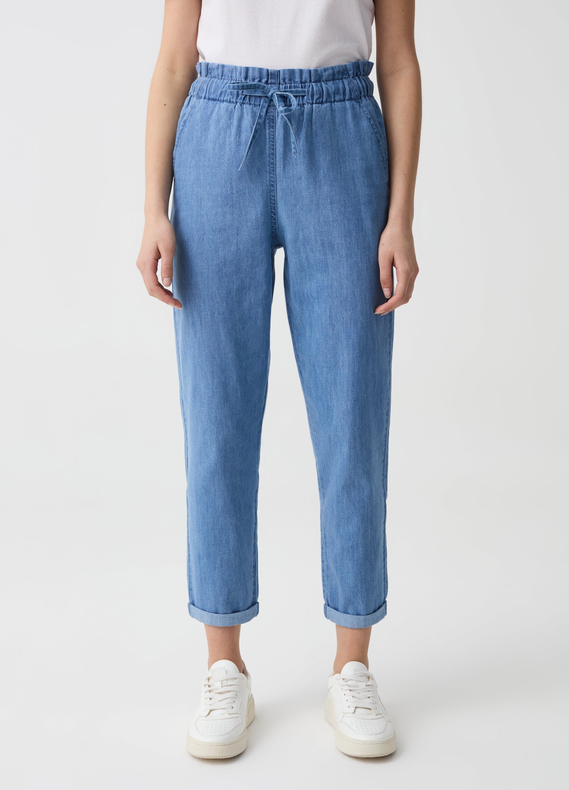 Denim Crop Joggers With Drawstring