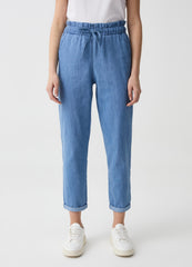 Denim Crop Joggers With Drawstring
