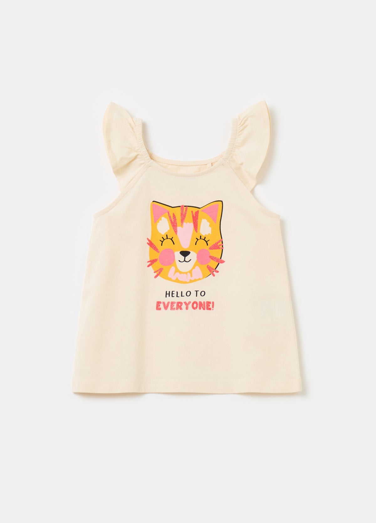 Ovs Cotton Tank Top With Frills And Print