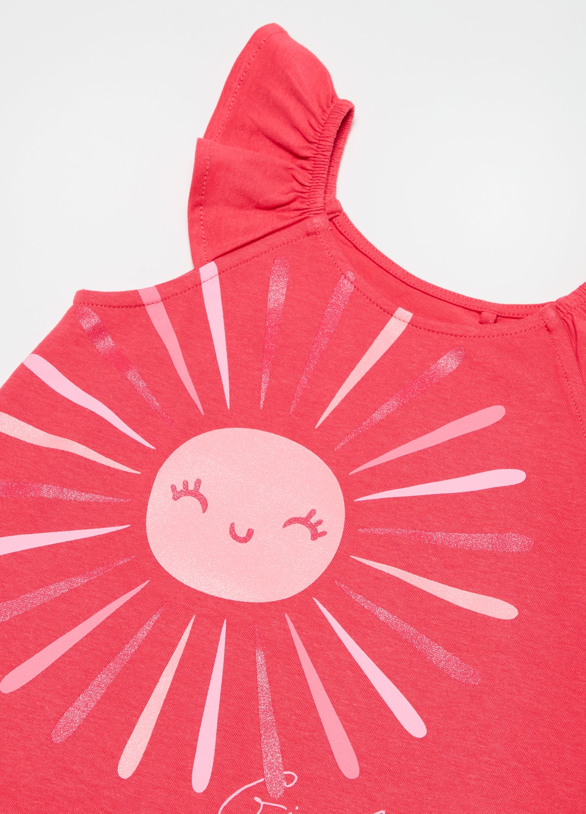 Ovs Cotton Tank Top With Frills And Print