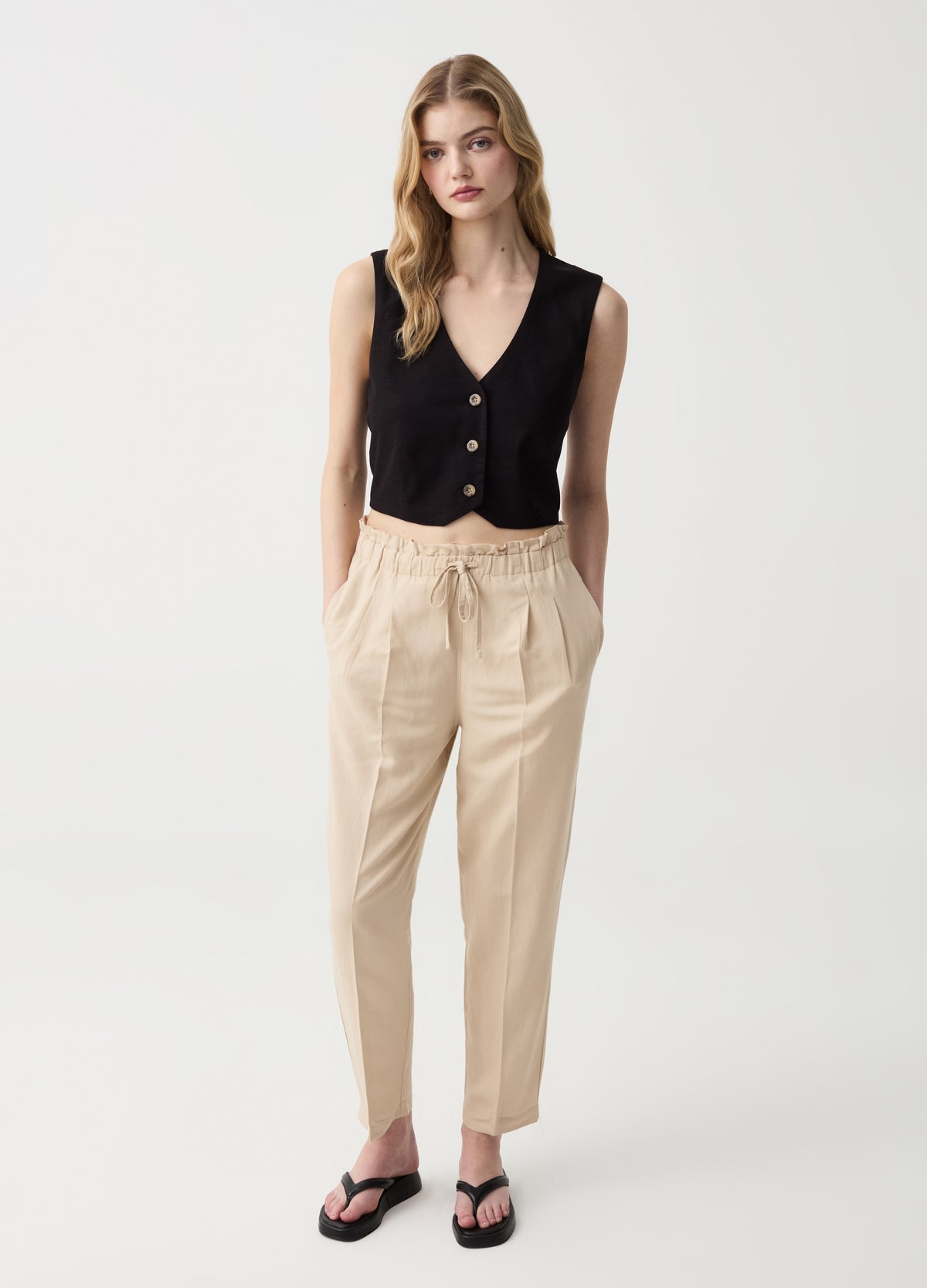 Cigarette Trousers With Darts And Drawstring