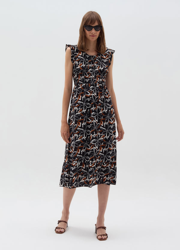 Ovs Long Floral Dress With Smock Stitch