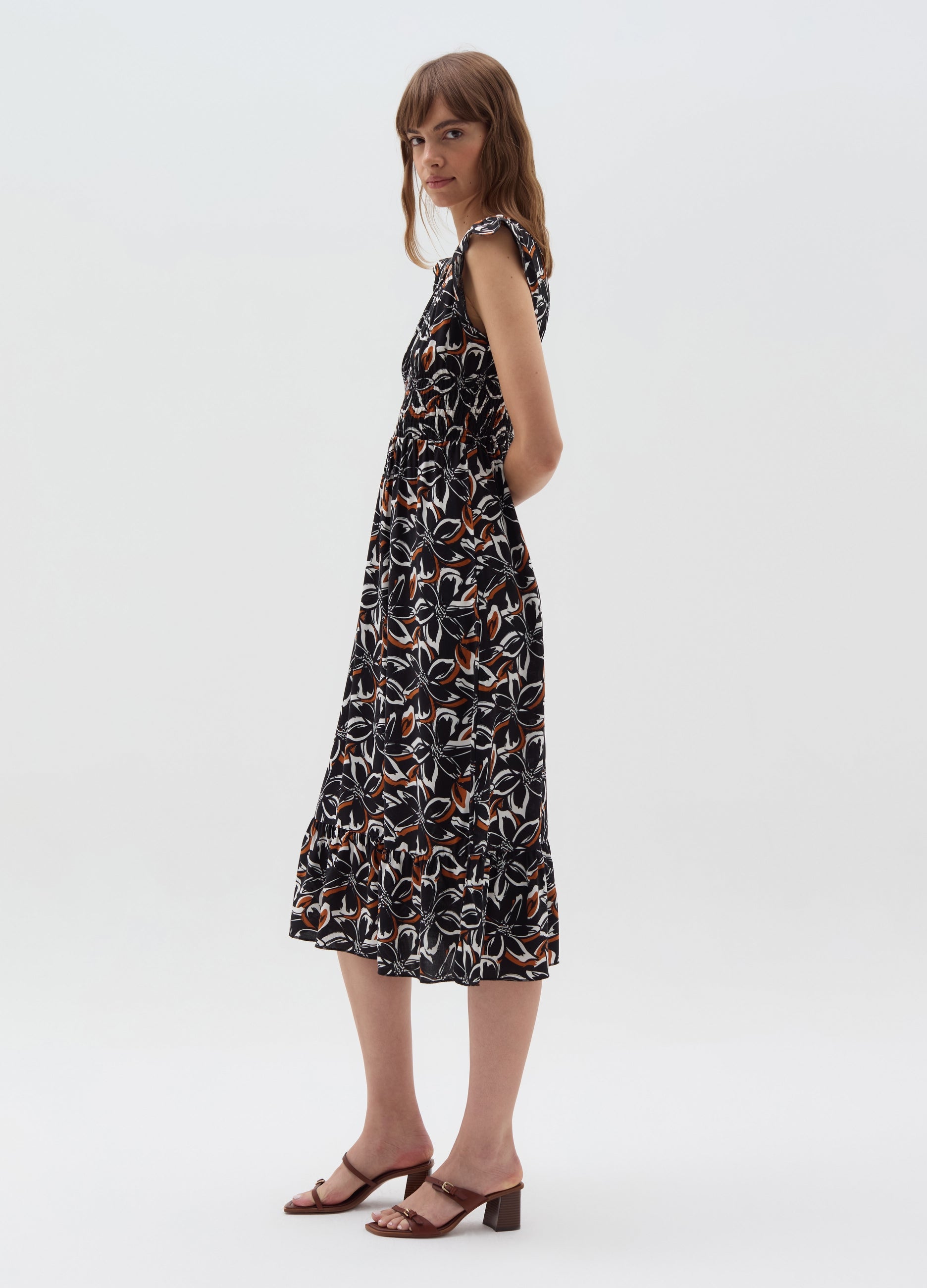 Long Floral Dress With Smock Stitch
