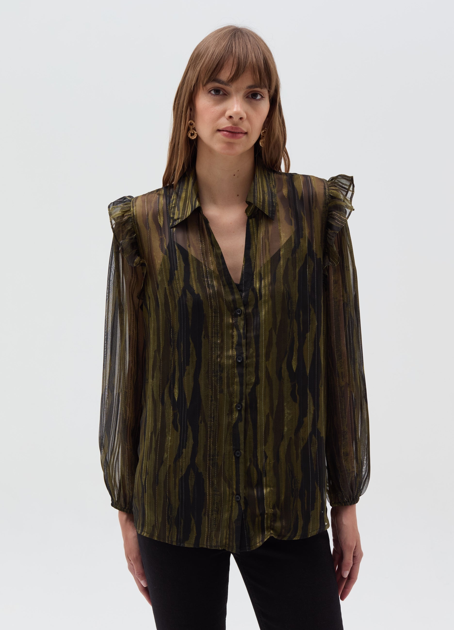 Ovs Semi-Sheer Camouflage Blouse With Lurex