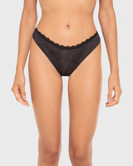 Isla & Evie Printed Microfiber Thong Panty Black Lace / S