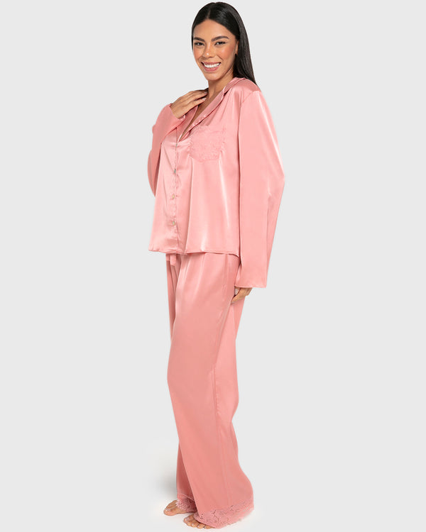 Isla & Evie Satin Two-Piece Long Pajama Set Vintage Rose / S