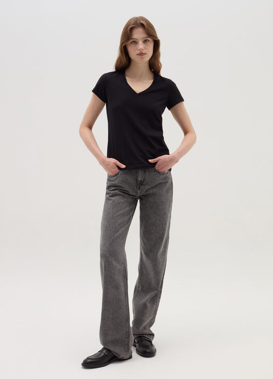 Solid Colour T-Shirt With V Neck