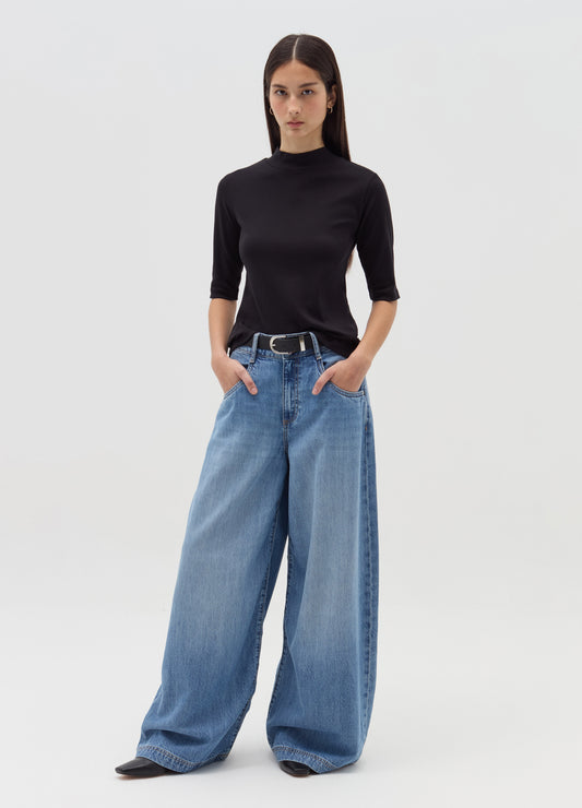 T-Shirt With Mock Neck And Elbow-Length Sleeves