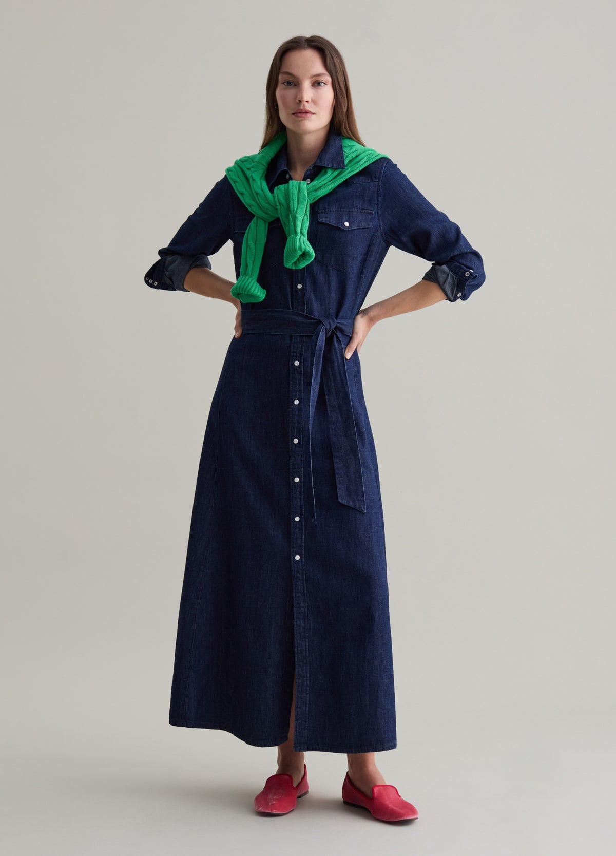 Long Shirt Dress In Denim With Belt
